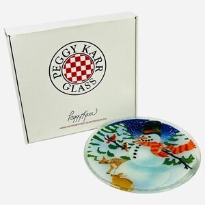 Peggy Karr Glass 8" Snowman Plate Fused Art Glass Winter Scene Animals w/ Box